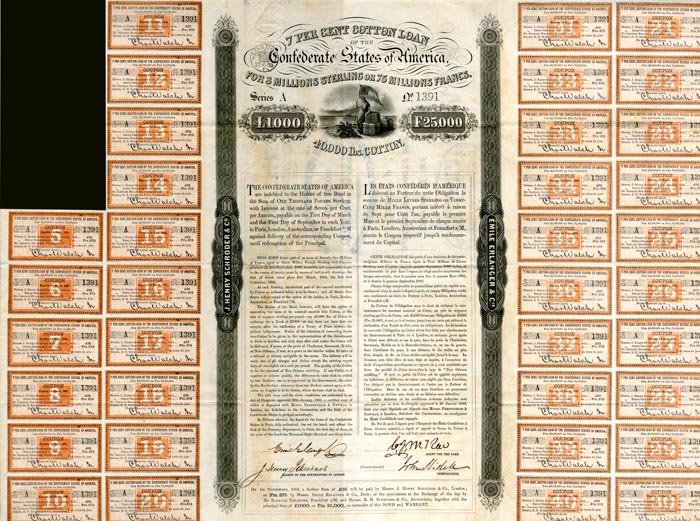 Confederate Cotton Loan Bond signed by John Slidell - £1000 Bond